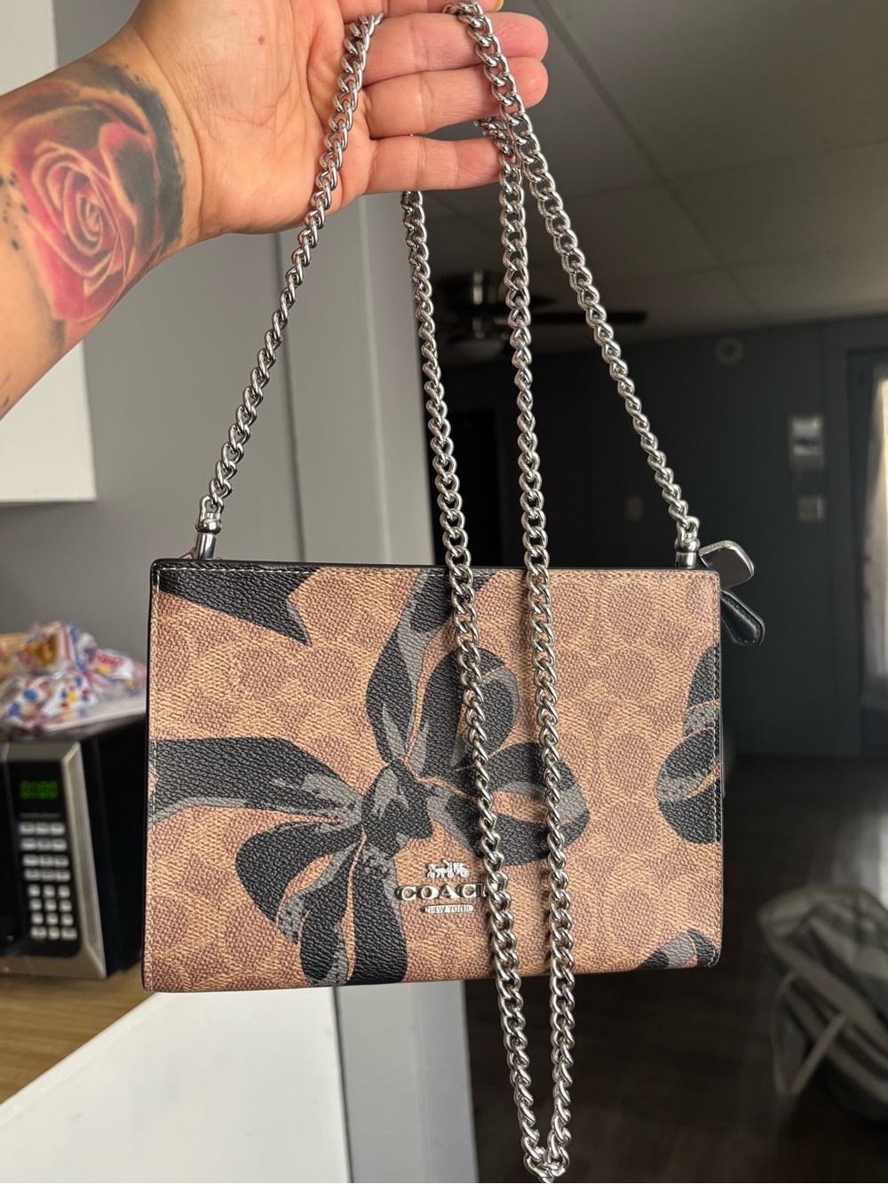 Coach Brown Signature Slim Crossbody with Black Bows